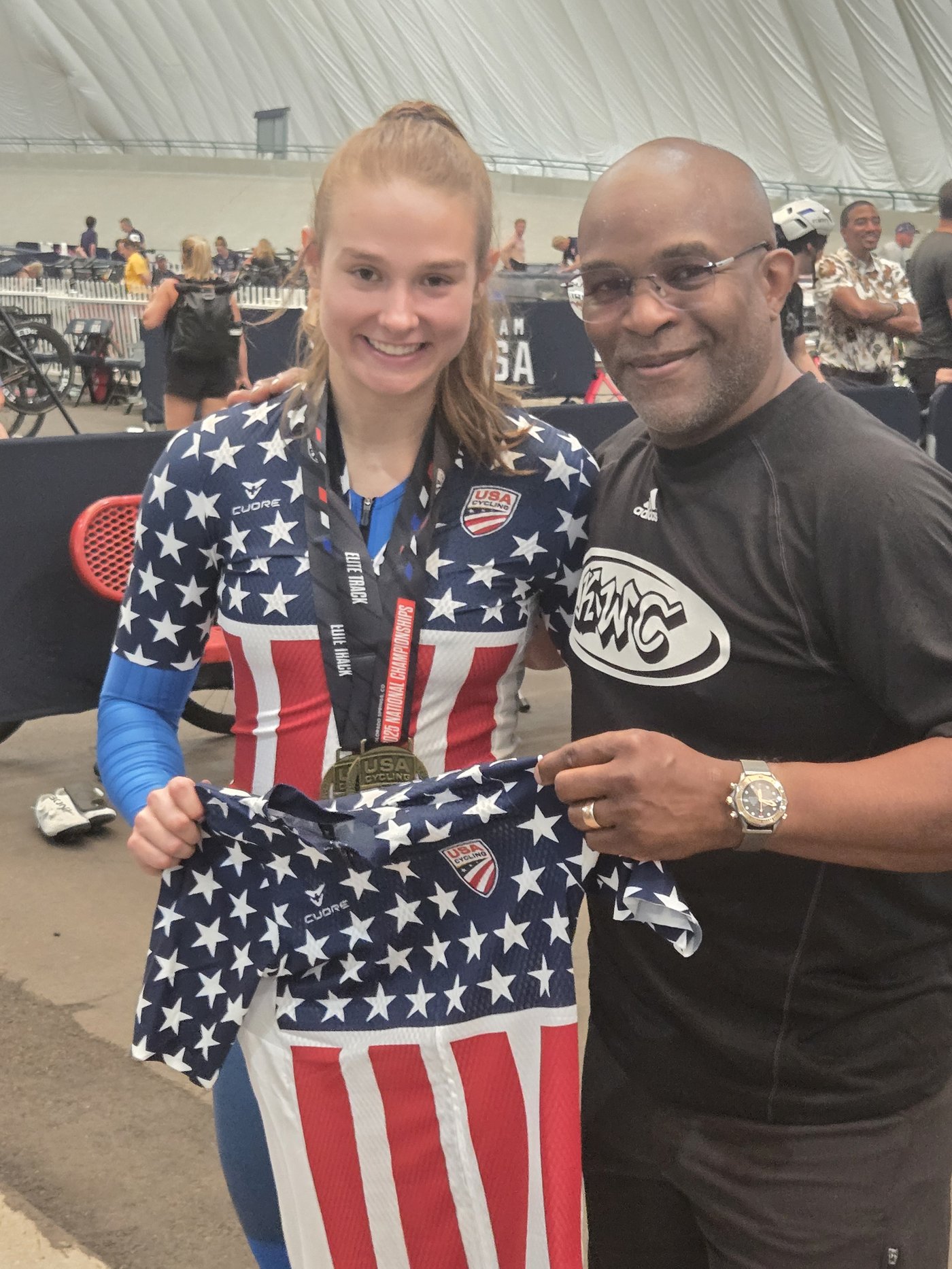 McKenna with Keith and her latest Nats jersey at 2025 track Nats in Colorado Spring