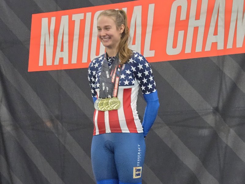 McKenna on the podium in her latest Nats jersey at the 2025 track nats in Colorado Springs