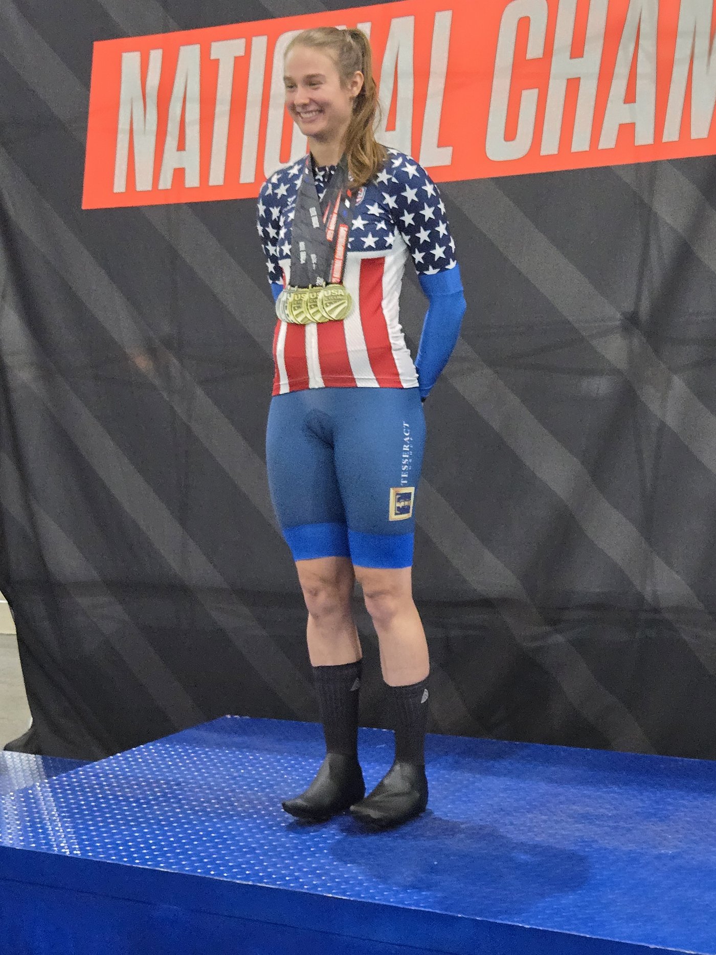 McKenna on the podium in her latest Nats jersey at the 2025 track nats in Colorado Springs