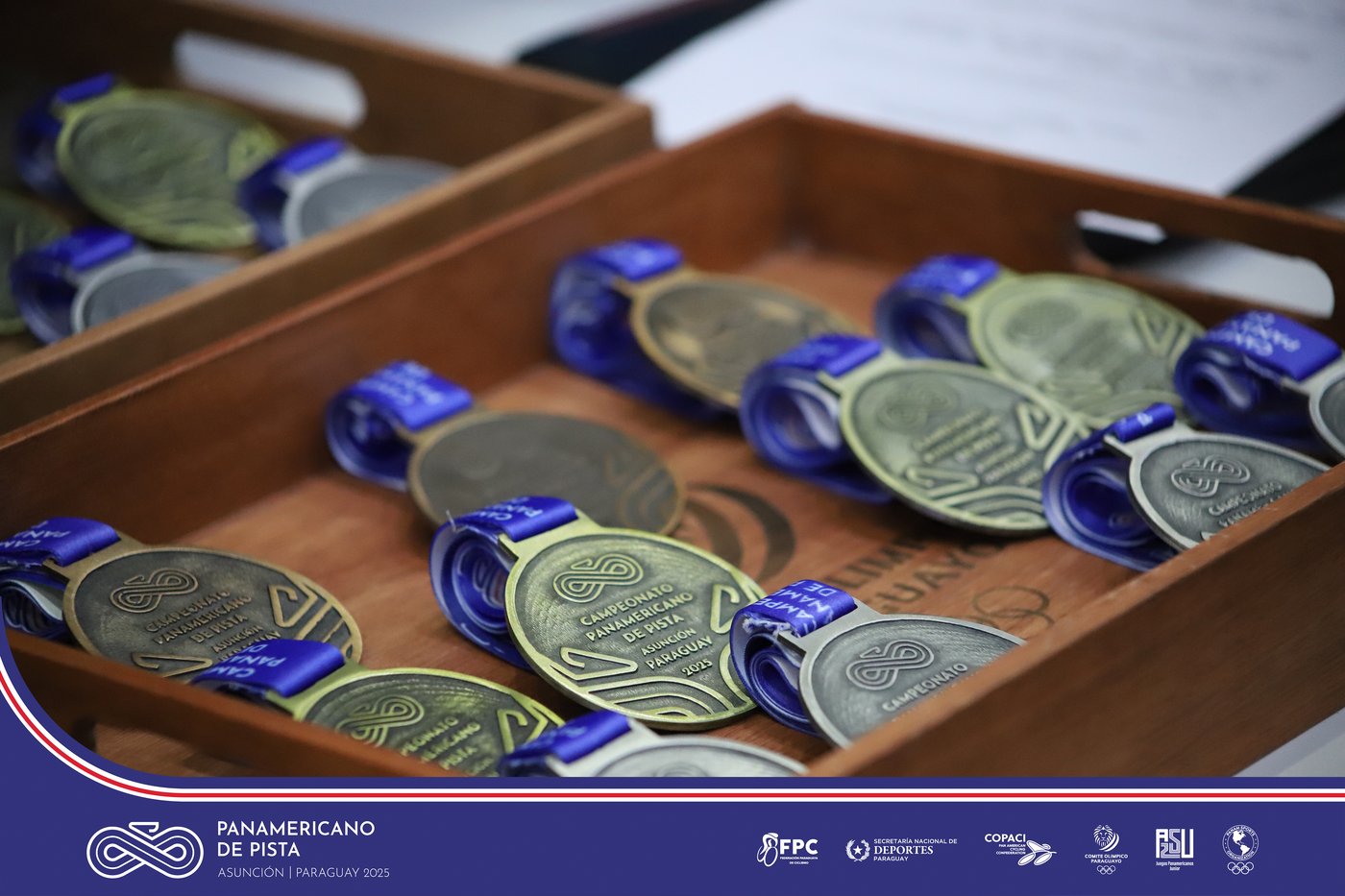 Closeup of medals from the Panam 2025 games